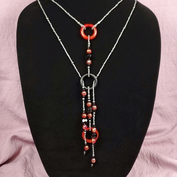 Beaded Lariat Necklace Red and Gray Beaded Choker Necklace Beaded Long Necklace - Picture 7 of 10